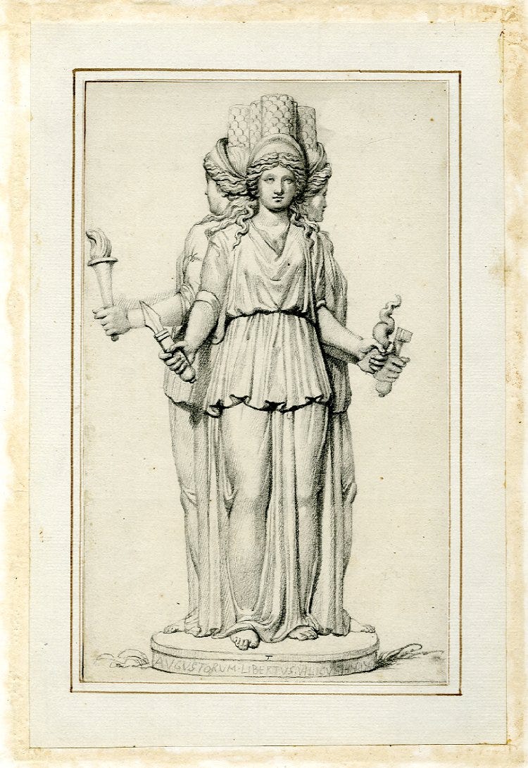 Drawing of a Hekataion, depicting Hecate as a triple goddess surrounding a central column. Drawing of a Hekataion, depicting Hecate as a triple goddess surrounding a central column.