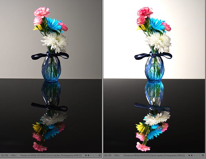 A side-by-side comparison of a floral arrangement highlights the impact of local brightness and contrast enhancements, with the right side showcasing vivid colors and clear separation from the background.