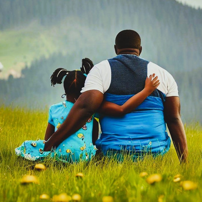 A series of AI-generated images of a ten year old girl sitting with her father on a grassy hill overlooking an airport. A is plane taking off; the girl is wearing a pretty dress printed with flowers; the father and daughter are hugging; in the style of a children's book cover.