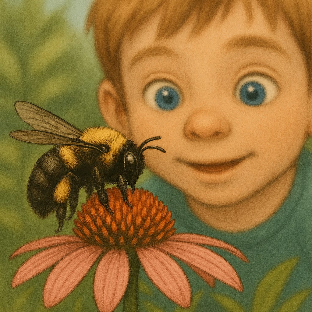 A young boy with blue eyes watches a carpenter bee on a pink flower, his face softly blurred in the background.