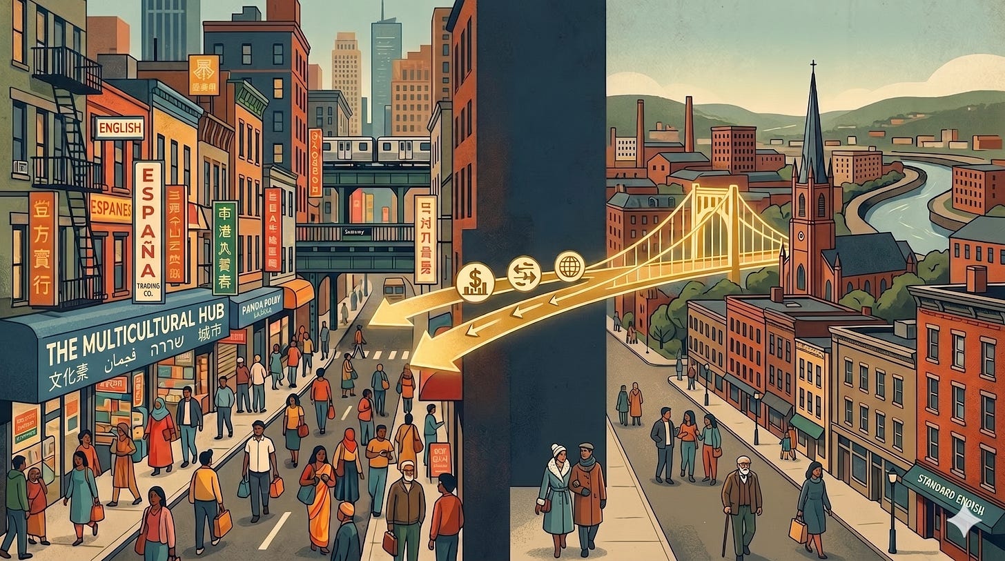 A vintage illustration-style diptych cityscape. The left panel shows a vibrant multi-cultural street scene with diverse people, international signs in languages like Spanish and Chinese, and an elevated train. The right panel features a quieter river-based view with a lit suspension bridge, a church steeple, and connecting gold-marked path icons. A vintage illustration-style diptych cityscape. The left panel shows a vibrant multi-cultural street scene with diverse people, international signs in languages like Spanish and Chinese, and an elevated train. The right panel features a quieter river-based view with a lit suspension bridge, a church steeple, and connecting gold-marked path icons.