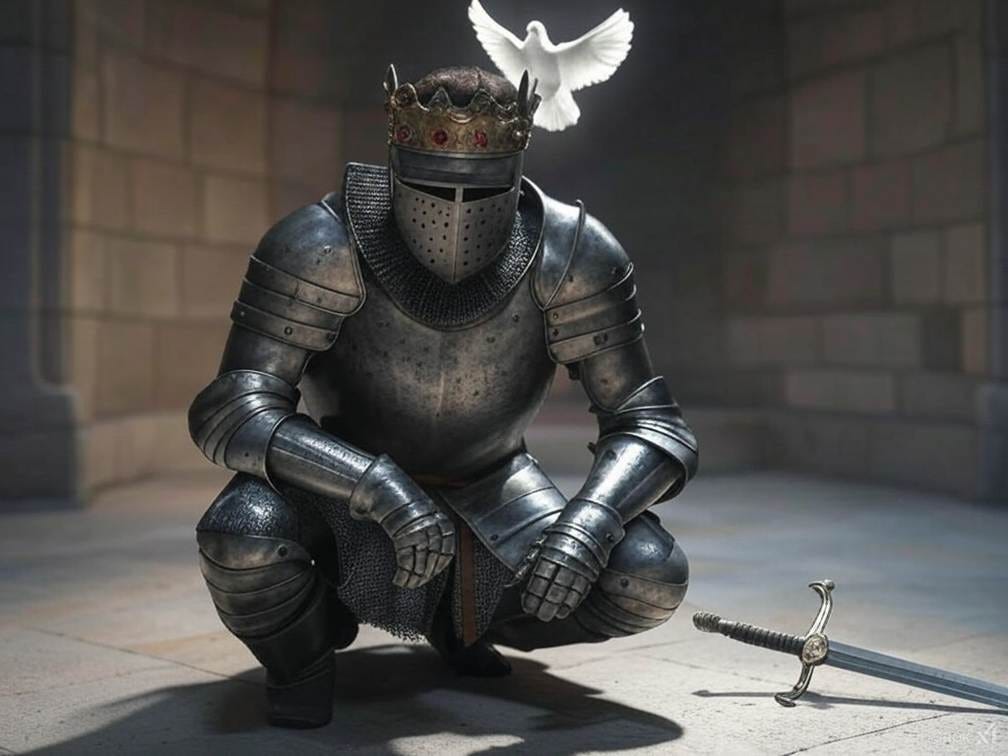 A person in armor kneeling next to a sword

AI-generated content may be incorrect.