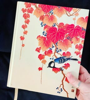 hardcover notebook with a blue bird on it surrounded by red leaves on a pale yellow background