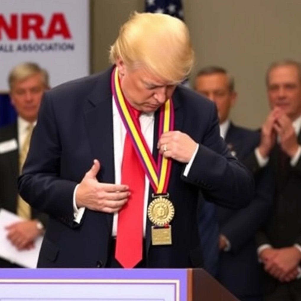 Trump gazing at his NRA medal like an Olympian