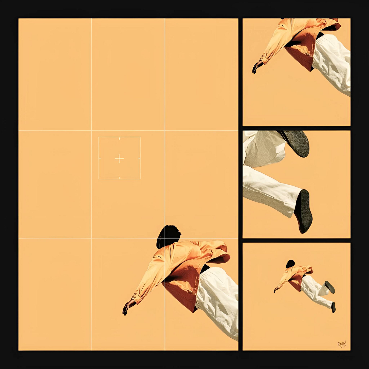 A figure in an orange jacket and white trousers is suspended against a peach background, framed by a white viewfinder grid. Three panels on the right zoom in on the reaching arm and legs, with the bottom-right panel revealing the full figure floating in mid-air.
