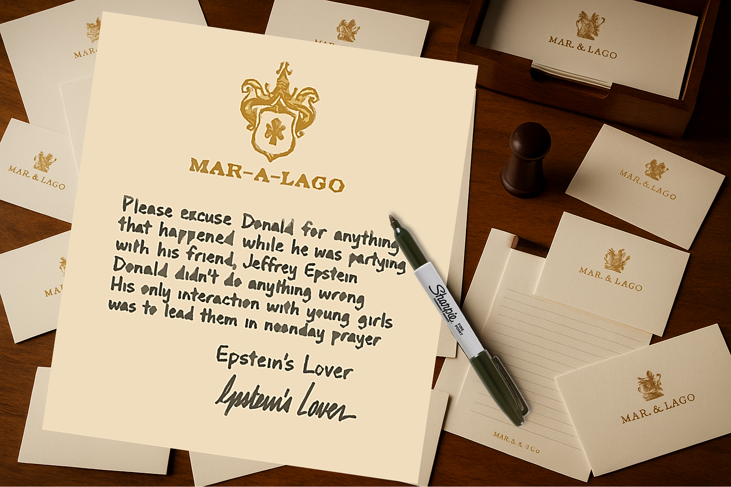 Picture of a note, written on Mar-a-Lago stationery, that reads: "Please excuse Donald for anything that happened while he was partying with his friend, Jeffrey Epstein. Donald didn't do anything wrong. His only interaction with young girls was to lead them  in noonday prayer." (signed) Epstein's Lover