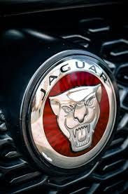 Jaguar's outgoing logo features a leaping jaguar over sans serif JAGUAR font, and a hood ornament featuring a growling cat rendered in chrome.