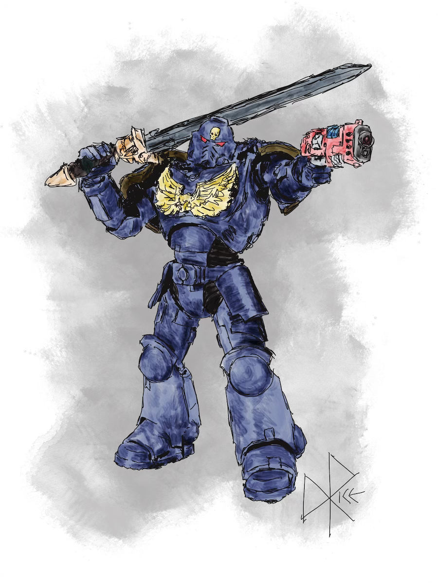 A Space Marine with a sword in one hand and pistol in the other. Sketch art by Don Rice. A Space Marine with a sword in one hand and pistol in the other. Sketch art by Don Rice.