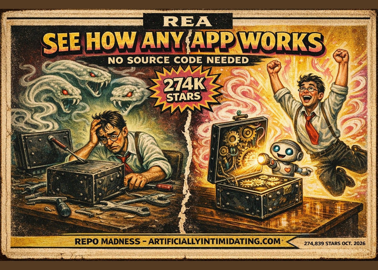 Retro postcard poster for REA. Left: a frustrated tinkerer pries at a sealed black box while smoke serpents loom. Right: the box swings open on glowing gears, a small robot shines a flashlight inside, and the tinkerer leaps for joy.