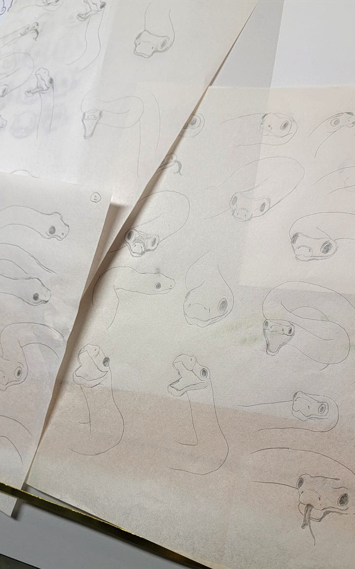 hand drawn red octopus looking horrified and pages of sketches of cute snake faces