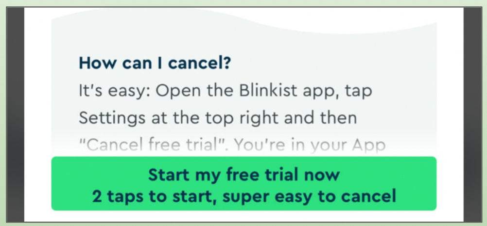 Blinkist educating how easy it is to cancel on the free trial screen