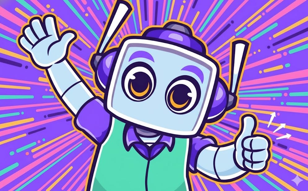A rectangular image featuring the NeuralBuddy character. NeuralBuddy has a light blue rectangular head with large, round eyes, and is wearing a purple collared shirt with a teal vest. The character is waving with one hand and giving a thumbs-up with the other, conveying encouragement and a farewell. The background is a vibrant purple (#8c52ff) with radiating lines in pink, yellow, and blue, filling the entire canvas. A rectangular image featuring the NeuralBuddy character. NeuralBuddy has a light blue rectangular head with large, round eyes, and is wearing a purple collared shirt with a teal vest. The character is waving with one hand and giving a thumbs-up with the other, conveying encouragement and a farewell. The background is a vibrant purple (#8c52ff) with radiating lines in pink, yellow, and blue, filling the entire canvas.