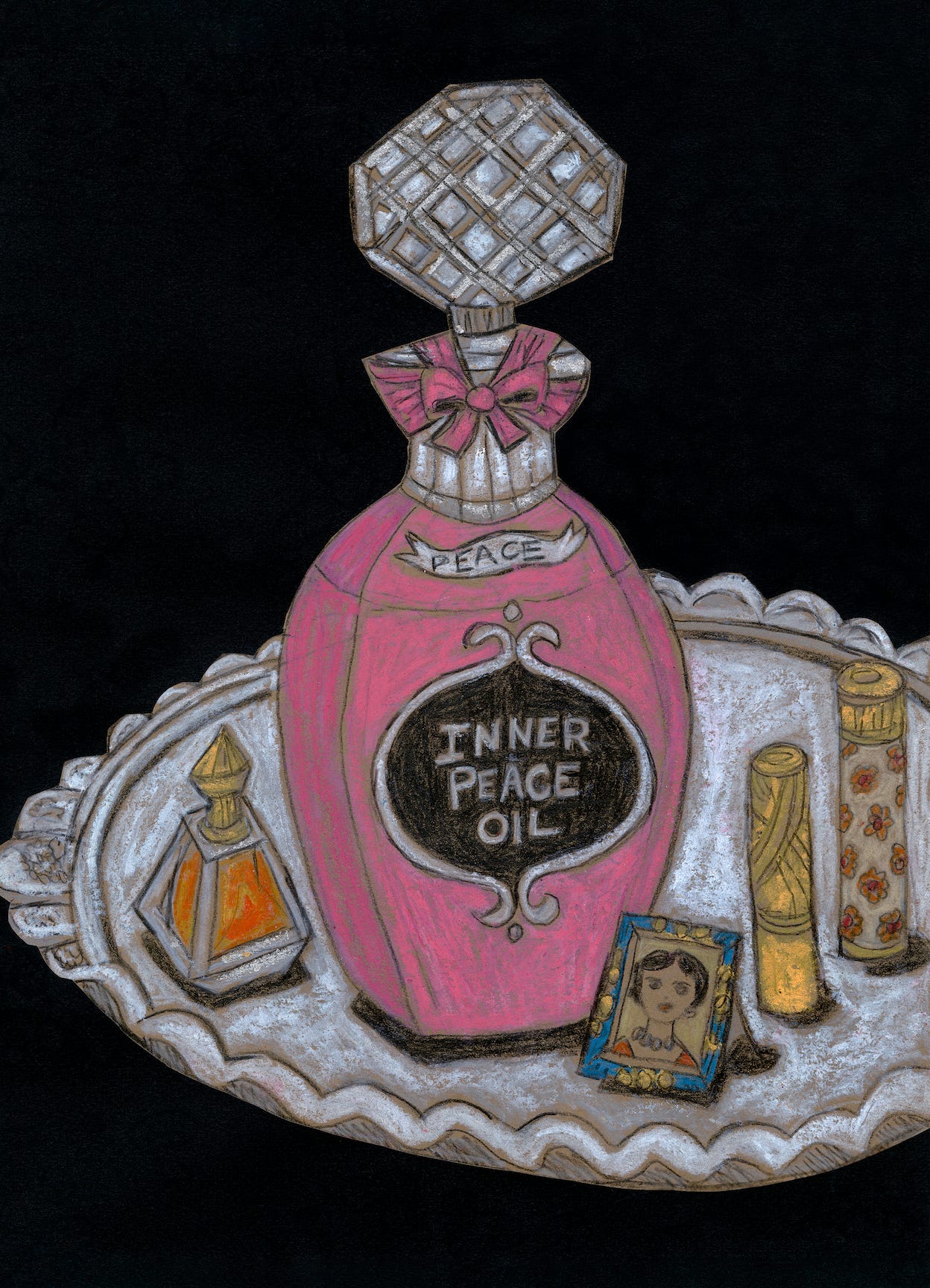 Illustration of a pink "Inner Peace Oil" bottle and smaller vials on a silver tray against black.