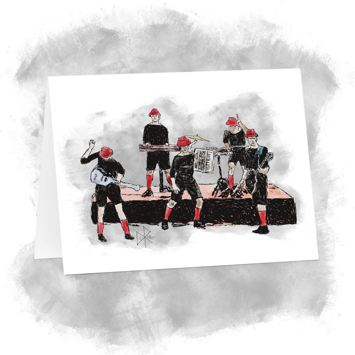 The new wave synth-pop art punk band Devo performing live on a stage. The 2025 documentary on the band, now streaming on Netflix, is pretty great. Sketch art by Don Rice.