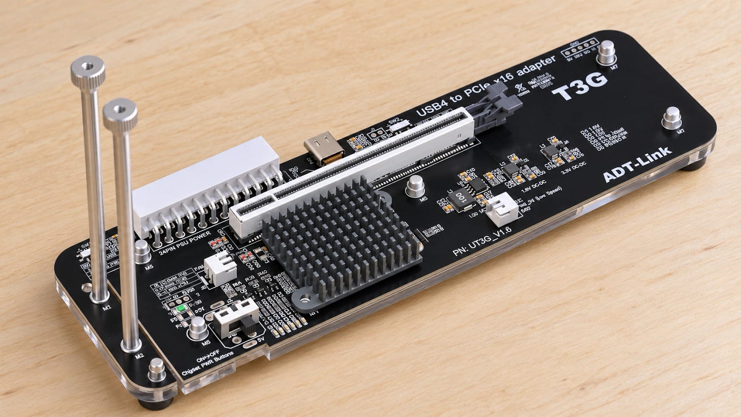 ADT-Link UT3G USB4 eGPU adapter on a workbench, showing its PCIe slot, heatsink, and GPU support posts. ADT-Link UT3G USB4 eGPU adapter on a workbench, showing its PCIe slot, heatsink, and GPU support posts.