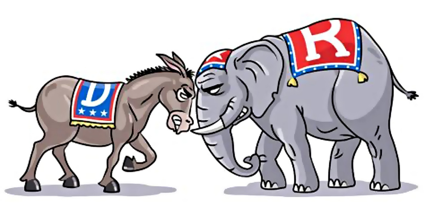 A donkey and elephant representing Democrats and Republicans butting heads.
