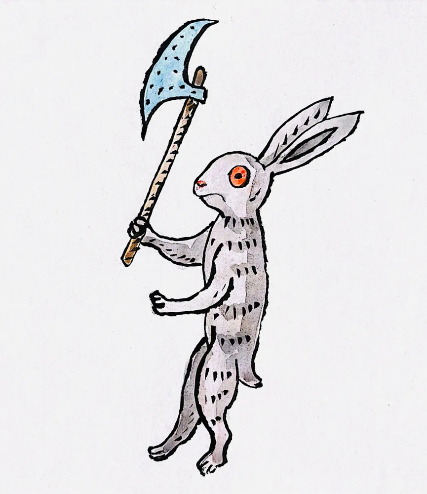 A hare holding a battle axe. Ink and watercolor painting.