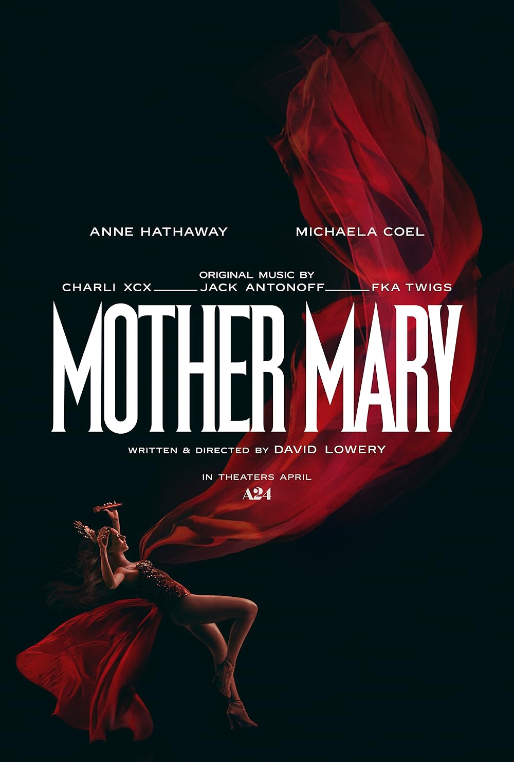 poster for the film mother mary showing a figure draped in blowing red frabric