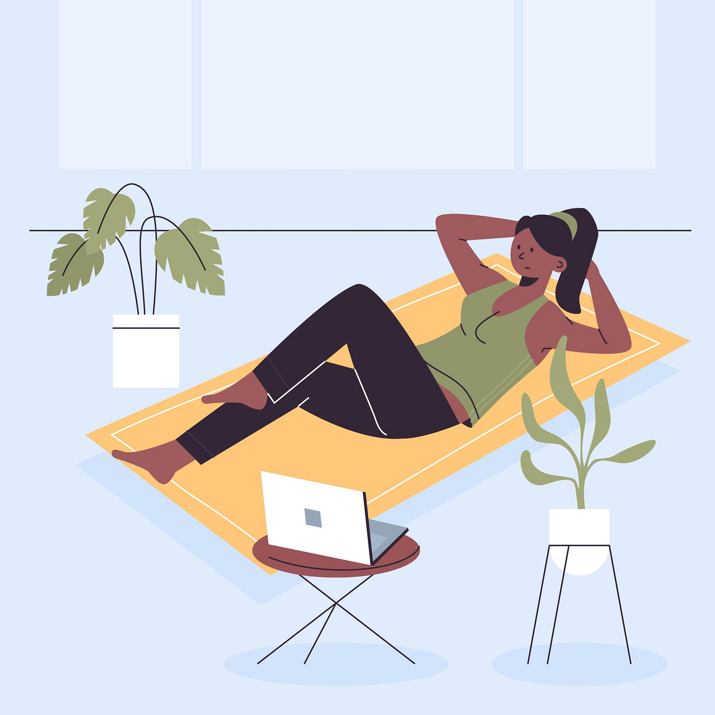 Arguably, this woman on a yoga mat and surrounded by plants is doing a work out video on her laptop. But at first glance (and the perspective I'm sticking with), I saw a Very Relaxed Writer.