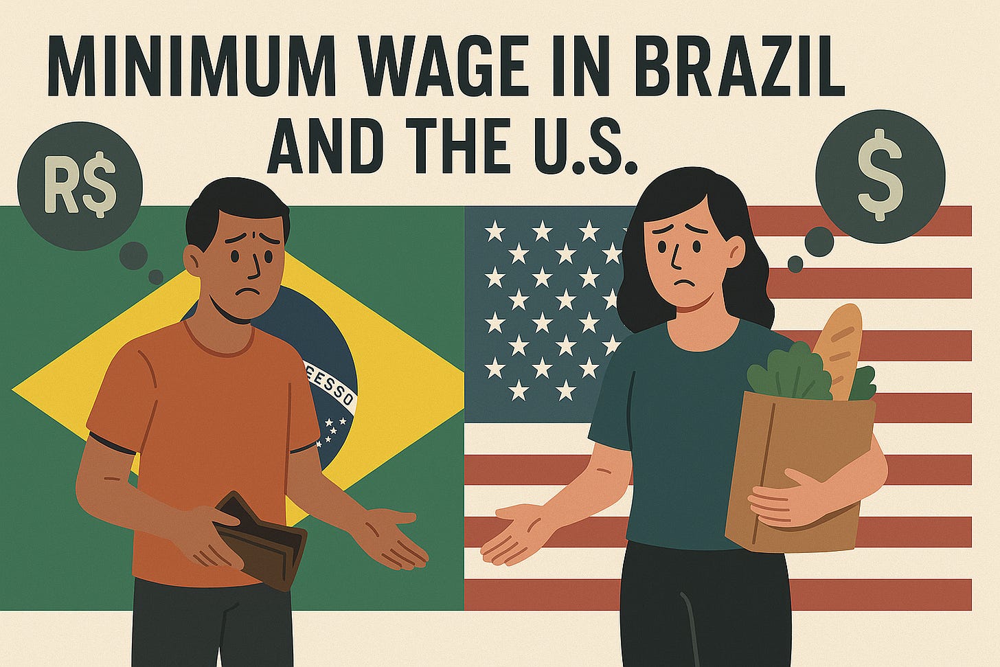 An illustration divided between the Brazilian and U.S. flags. On the left, a Brazilian worker with an empty wallet looks distressed beneath a thought bubble containing the “R$” symbol. On the right, an American worker carrying a small bag of groceries wears the same worried expression beneath a dollar-symbol thought bubble. The composition highlights parallel struggles of minimum-wage workers in both countries.