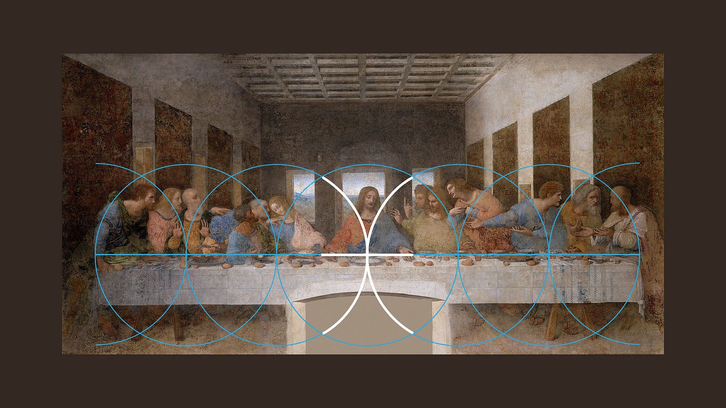 The six circles/vesicae piscium that measure out Leonardo’s Last Supper table, using the Son’s hand gesture as the radius and unit of measure. (Illustration by Lori Tompkins, 2026).