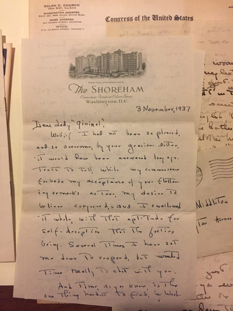 Handwritten letter from Marguerite Stitt Church on stationery from The Shoreham Hotel in Washington, D.C. 1937 Handwritten letter from Marguerite Stitt Church on stationery from The Shoreham Hotel in Washington, D.C. 1937