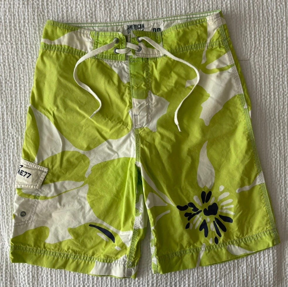 American Eagle Mens 28 Swim Trunks Floral Surf Suit Shorts Lime Green EUC - Picture 1 of 11