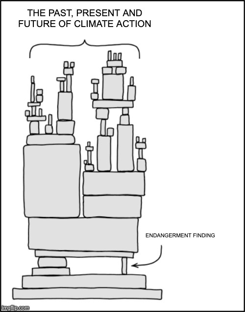 A cartoon titled "The past, present and future of climate action" showing a tall, top-heavy tower of blocks balanced on a narrow base, with a block labelled "Endangerment finding" being pulled out from the bottom.