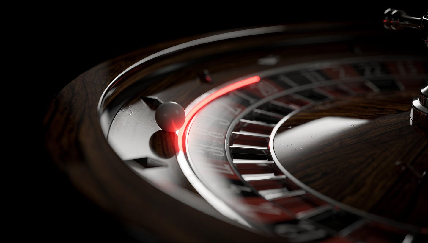 Cinematic macro photograph of a spinning casino roulette wheel, with the white ball crossing a glowing red threshold line etched into the wheel's metal rim, as if breaching a limit. Completely dark background, dramatic side lighting highlighting the polished metal and wood grain, shallow depth of field with the rest of the wheel softly blurred, realistic detailed texture, tense and elegant atmosphere. No text, no people, no logos.