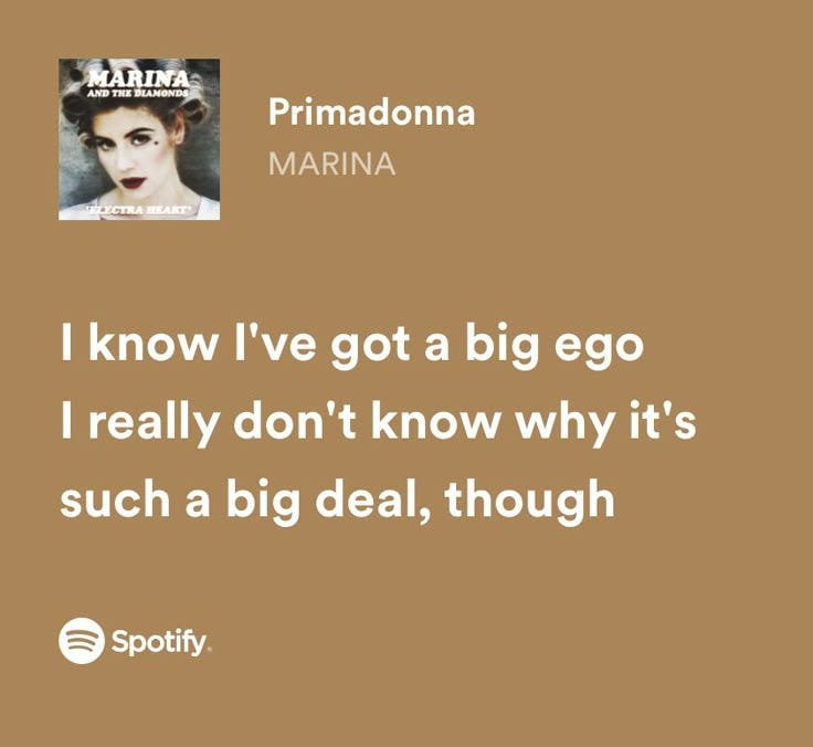 This may contain: a brown background with the words primadonna marina i know i've got a big egg i really don't know why it's such a deal