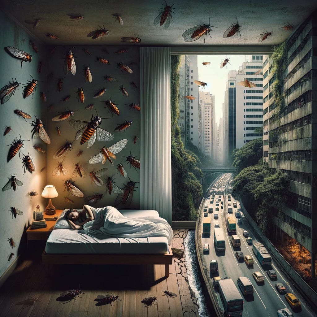 No centro, uma pessoa está deitada em uma cama, imersa na intensidade crescente do canto das cigarras. Fora da janela, a cena muda do coro natural das cigarras para o ruído branco do tráfego da cidade sob o Minhocão quase deserto em São Paulo. 