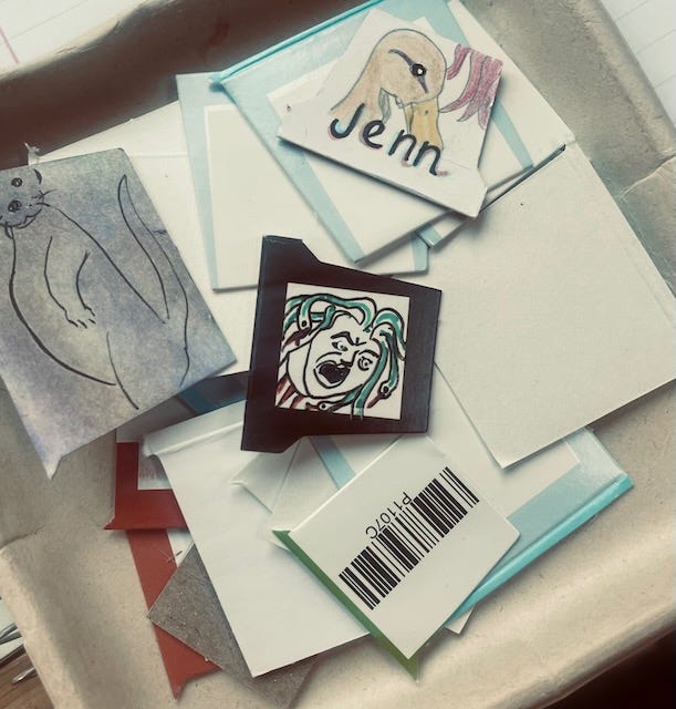 drawings of otter, duck, medusa on scraps of cardboard drawings of otter, duck, medusa on scraps of cardboard