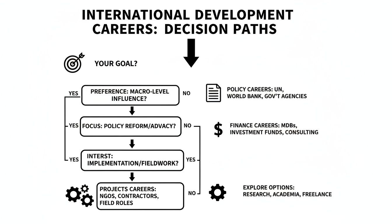 Decision path flowchart for international development careers, covering policy, finance, projects, and research options. Decision path flowchart for international development careers, covering policy, finance, projects, and research options.