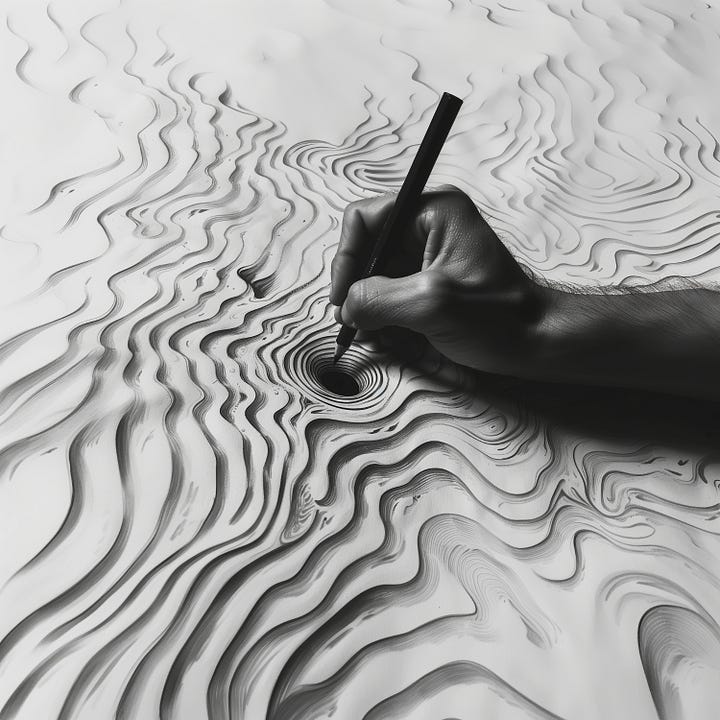 Various images of a hand drawing holes in the universe