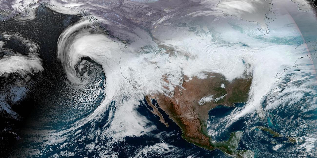 GeoColor image of a bomb cyclone approaching the west coast of the United States of America on 4 January 2023 at 17:30UTC from the GOES-West satellite GeoColor image of a bomb cyclone approaching the west coast of the United States of America on 4 January 2023 at 17:30UTC from the GOES-West satellite