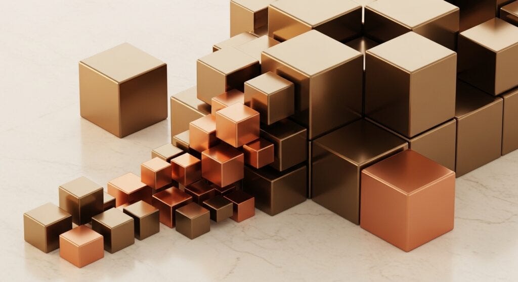 Abstract architectural photograph of multiple bronze geometric forms converging toward a central mass—representing the consolidation of independent insurance agencies into PE-backed distribution platforms.