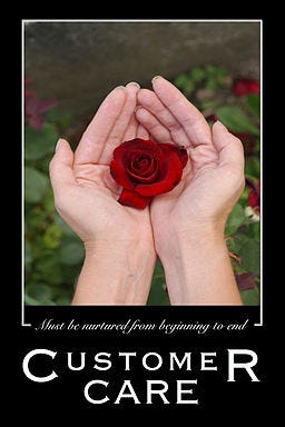 Cupped hands cradel a red rose with the words, "Customer Care must be nurtured beginning to end."