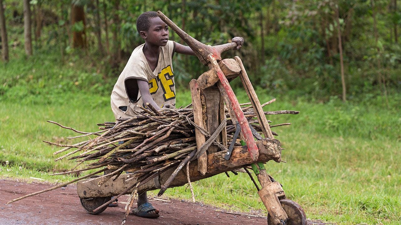 A boy pushes wood on a Tshukudu in Congo A boy pushes wood on a Tshukudu in Congo