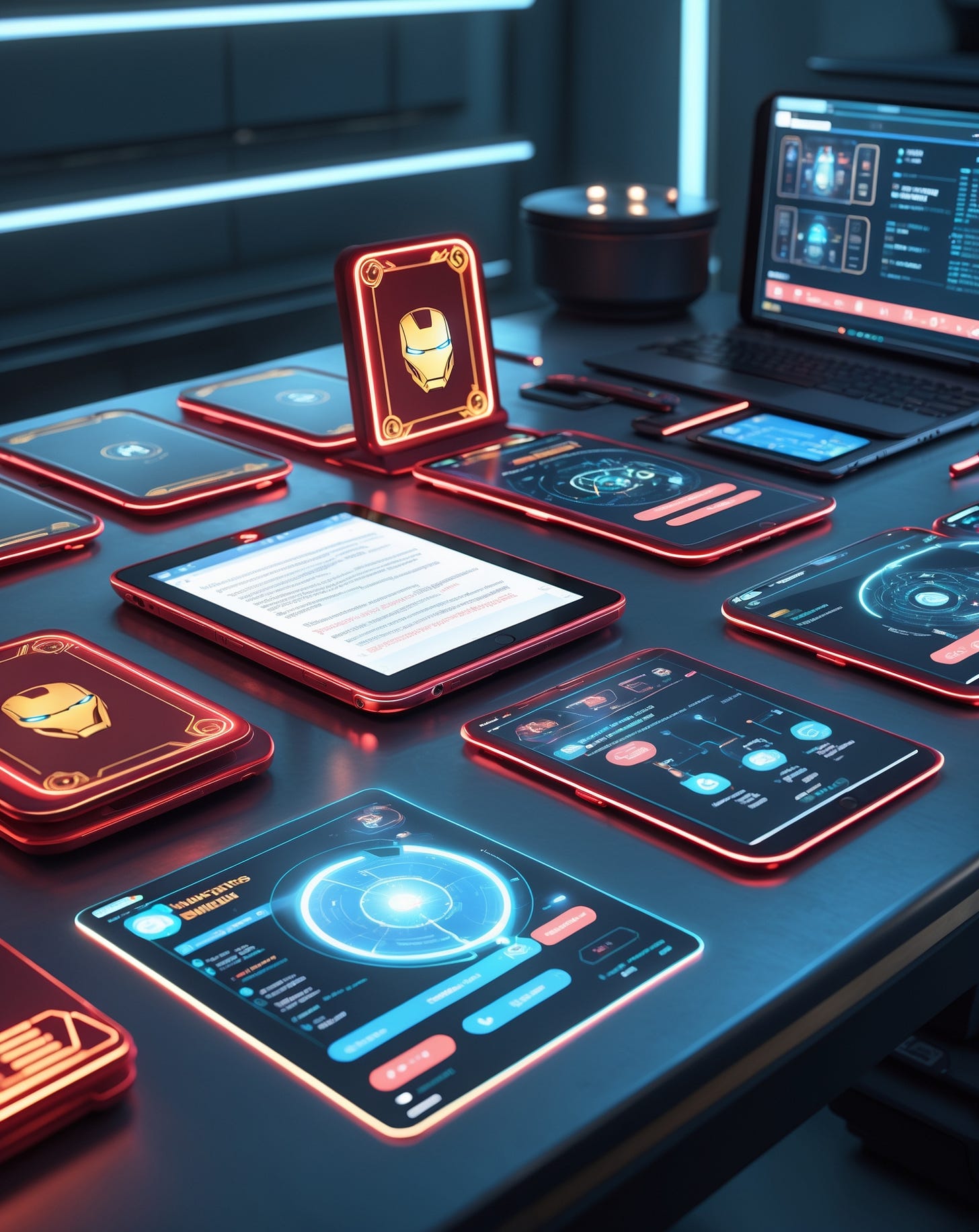 A futuristic armory of knowledge designed with the sleek, high-tech aesthetic of Stark Industries. The scene displays an array of study aids and tools laid out on a polished, metallic surface under cool, ambient lighting. Each tool is inspired by elements of the Iron Man suit, seamlessly blending technology with education.

Key tools include:

Digital Flashcards: Sleek, holographic panels hovering above the table, with glowing text and interactive animations.
Adaptive Learning Software: A high-tech holographic tablet showing dynamic problem-solving in action, featuring data charts, evolving solutions, and real-time feedback.
Apps for Time Management and Productivity: Displays styled like Iron Man’s heads-up display (HUD), showcasing countdown timers, task lists, and focus meters.
Interactive Quizzes and Problem Solvers: A holographic interface transforming a complex problem into a clear, step-by-step solution, visualizing the journey from confusion to clarity.
The tools are accented with glowing red and gold highlights, reminiscent of the Iron Man suit, with Stark Industries logos subtly embossed on each device. The backdrop is a futuristic workshop or lab, with metallic tones, glowing blue light strips, and additional holographic screens showing data and diagrams.

The atmosphere conveys innovation, empowerment, and the idea that knowledge is a weapon as powerful as any suit of armor.

Style: Hyperrealistic and futuristic, with cinematic lighting and vibrant holographic effe
