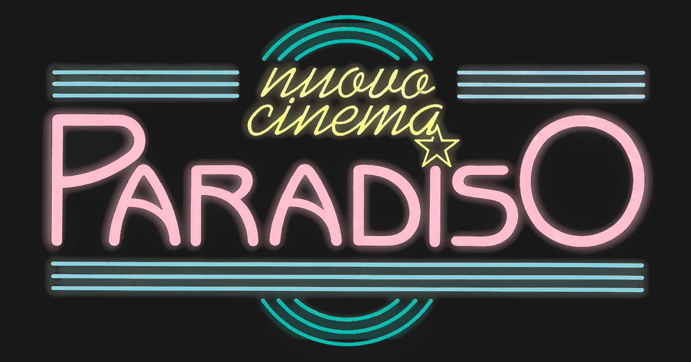 Neon sign reading “Nuovo Cinema Paradiso” in pastel pink, yellow, and teal glows against a dark background, evoking the nostalgic charm of a classic movie theater marquee.