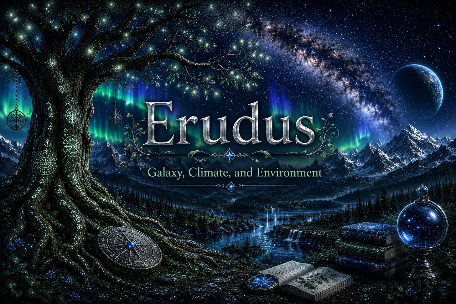 Erudus - Galaxy, Climate and Environment header. Mountains, mother tree, and an aurora filled background.