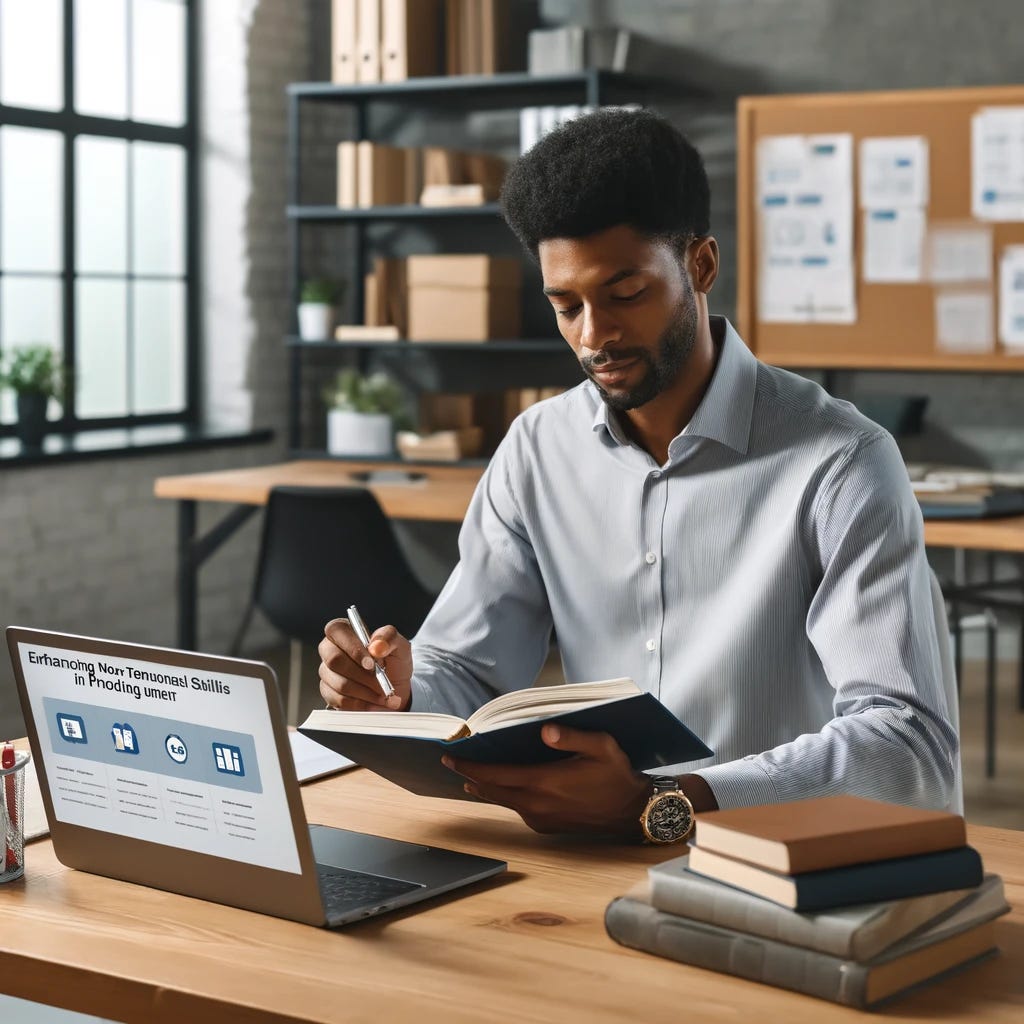 A modern office scene depicting an African American male product manager in his early 30s, dressed in smart casual attire, deeply engaged in learning non-technical skills. He is sitting at a desk surrounded by books and a laptop displaying a webinar titled 'Enhancing Non-Technical Skills in Product Management'. He is taking notes in a notebook, with no posters or boards in the background, creating a clean and simple office environment. The setting is well-lit, indicating a focused and educational atmosphere.