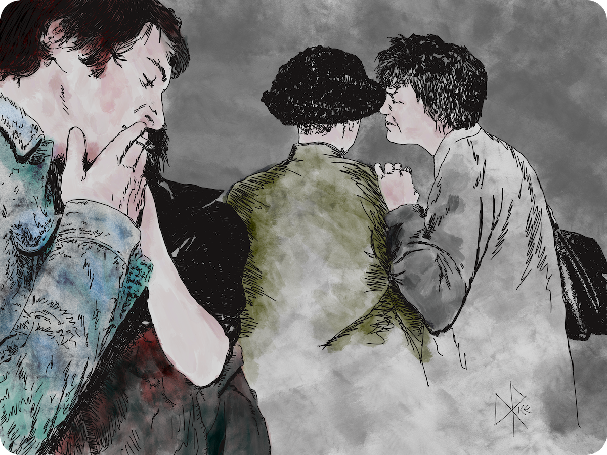 A man in the foreground smokes a cigarette as a woman leans in to talk into his ear, while a similar scenario plays out in the background. Sketch art by Don Rice.