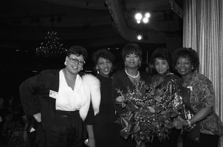 Maxine Waters, Marla Gibbs, and Oprah Winfrey posing together at the Hollywood Paladium, Los Angeles, 1989 Maxine Waters, Marla Gibbs, and Oprah Winfrey posing together at the Hollywood Paladium, Los Angeles, 1989