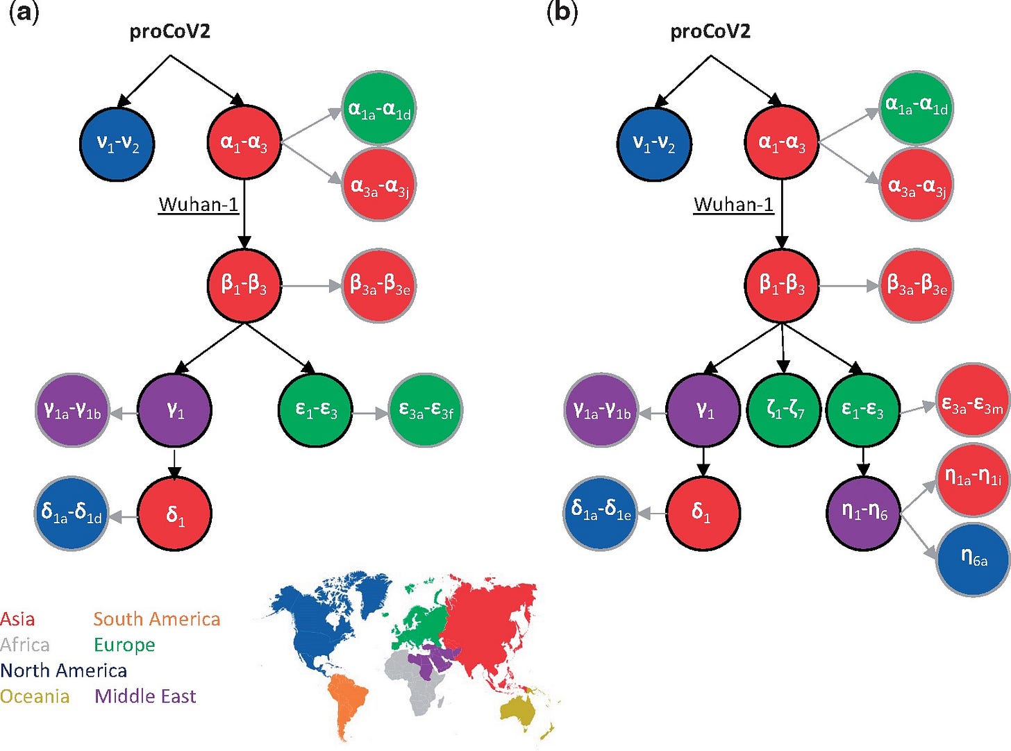 The backbone of SARS-CoV-2 mutational history. The mutational history inferred was from (a) 29KG and (b) 68KG data sets. Major variants and their mutational pathways are shown in black, and minor variants and their mutational pathways are shown in gray. Circle color marks the region where variants were sampled first. The 68KG data set contains 12 additional variants and more than two times the genomes than the 29KG data set.