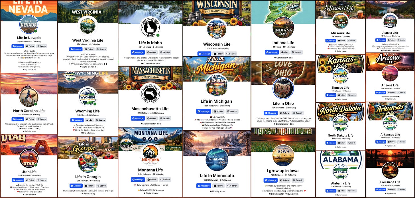 collage of profile screenshots of U.S. state-themed AI image spam Facebook pages collage of profile screenshots of U.S. state-themed AI image spam Facebook pages
