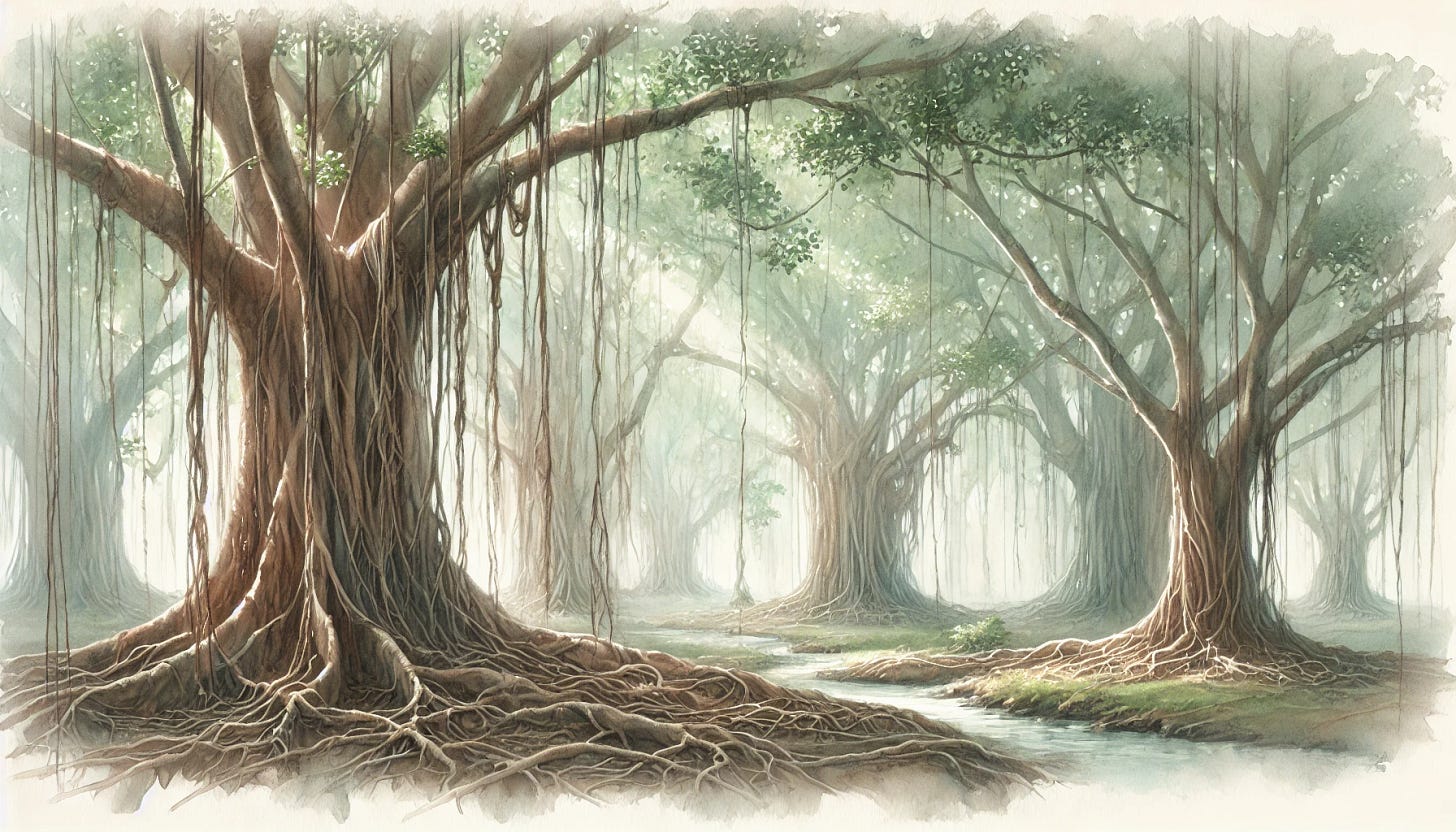 A soft, delicate watercolor illustration of a vast, interconnected banyan tree forest. The scene features a dense grove of banyan trees with their sprawling roots and hanging aerial roots creating a web across the forest floor. The watercolor style is very gentle and transparent, using soft, muted greens, browns, and earthy tones to enhance a light, ethereal feel. Soft brushstrokes create a dreamy and fluid atmosphere, capturing the interconnectedness of nature. The illustration feels airy, with misty layers and a peaceful glow filtering through the branches, adding to the watercolor softness.