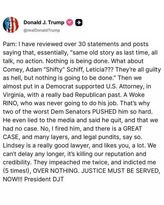 Trump wanted to DM Attorney General Bondi rebuking her for failing to  prosecute Comey, Schiff, and James; instead posted on Truth Social and then  deleted it - The Economic Times