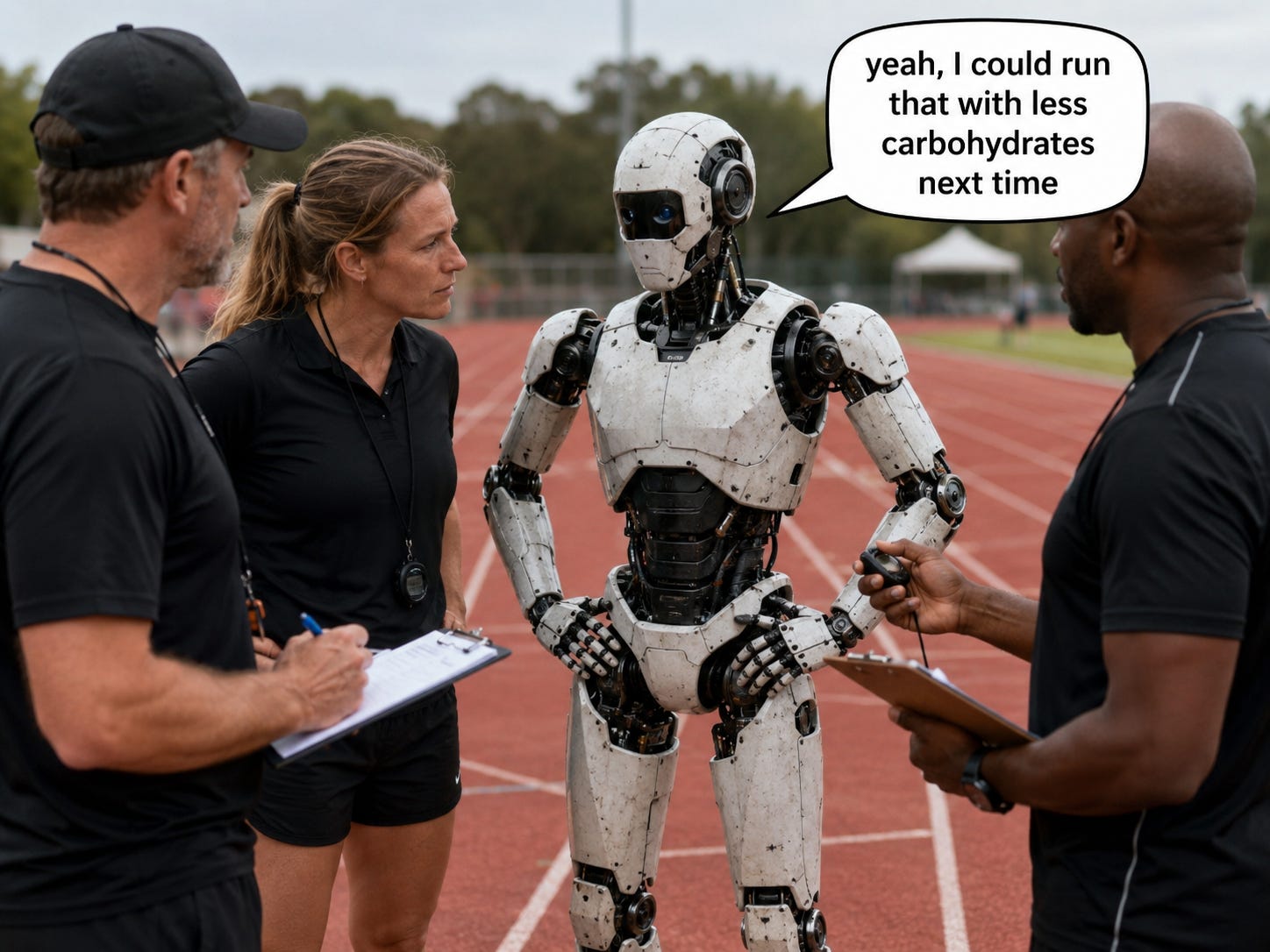 Realistic humanoid robot speaking with its coaching team after a track race and suggesting it could perform the task using fewer carbohydrates next time.