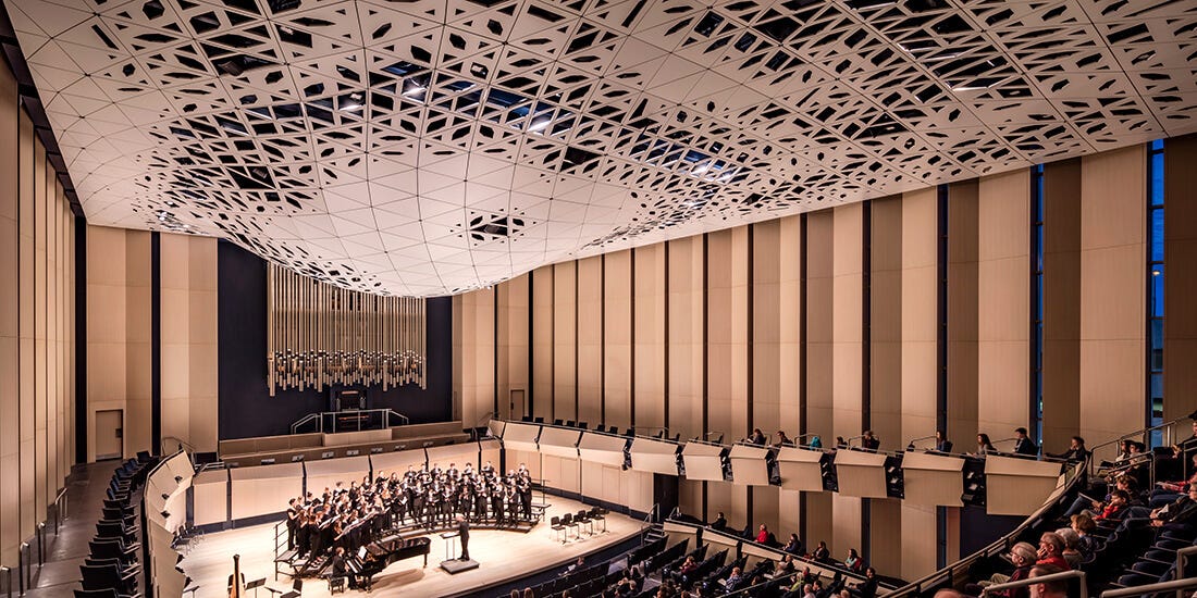 the acoustic ceiling in the University of Iowa’s Voxman School of Music concert hall, which was designed via generative design. the acoustic ceiling in the University of Iowa’s Voxman School of Music concert hall, which was designed via generative design.